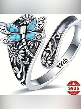 925 Sterling Silver Turquoise Dragonfly Ring - Blue NWT